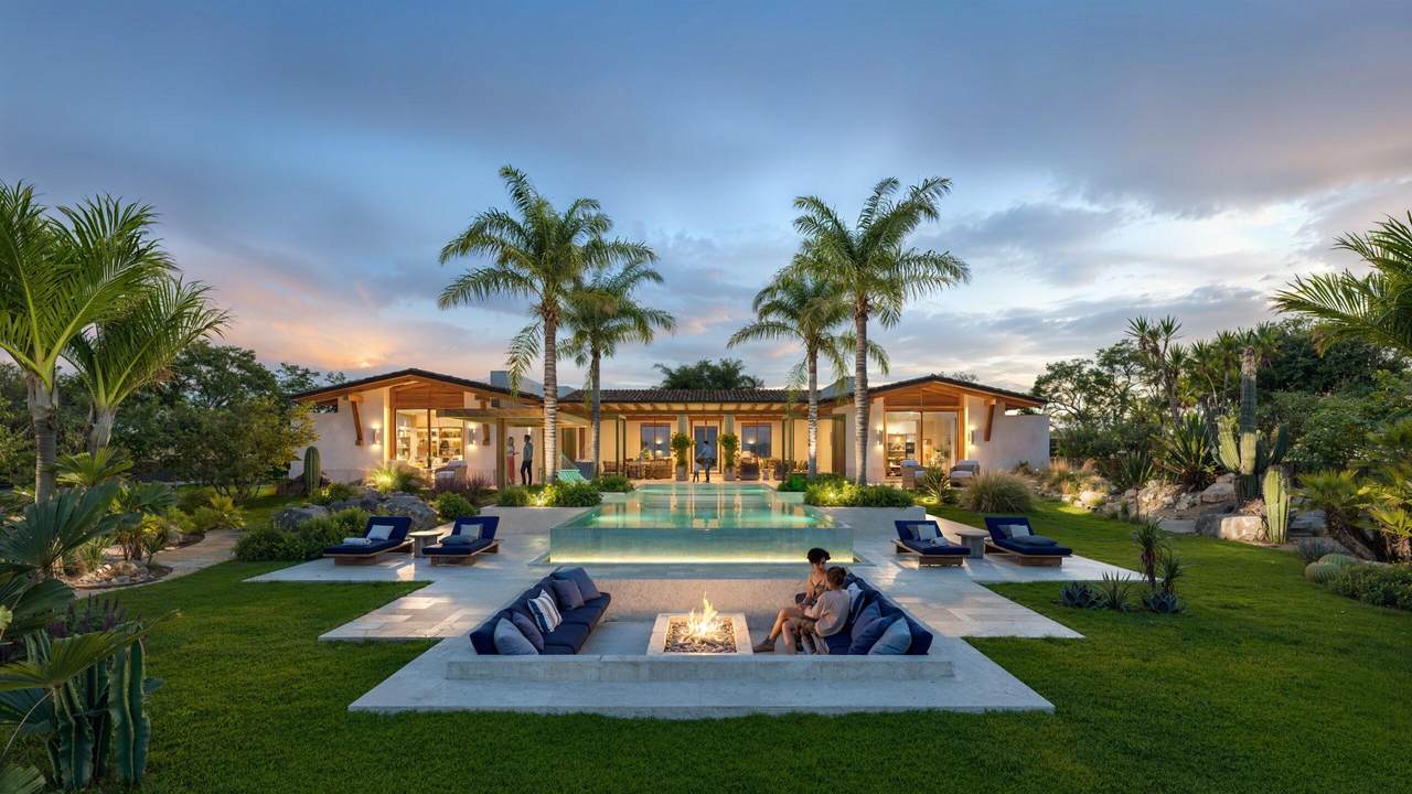 A Couple Sitting In A Pool With A Fire Pit In Front Of A House